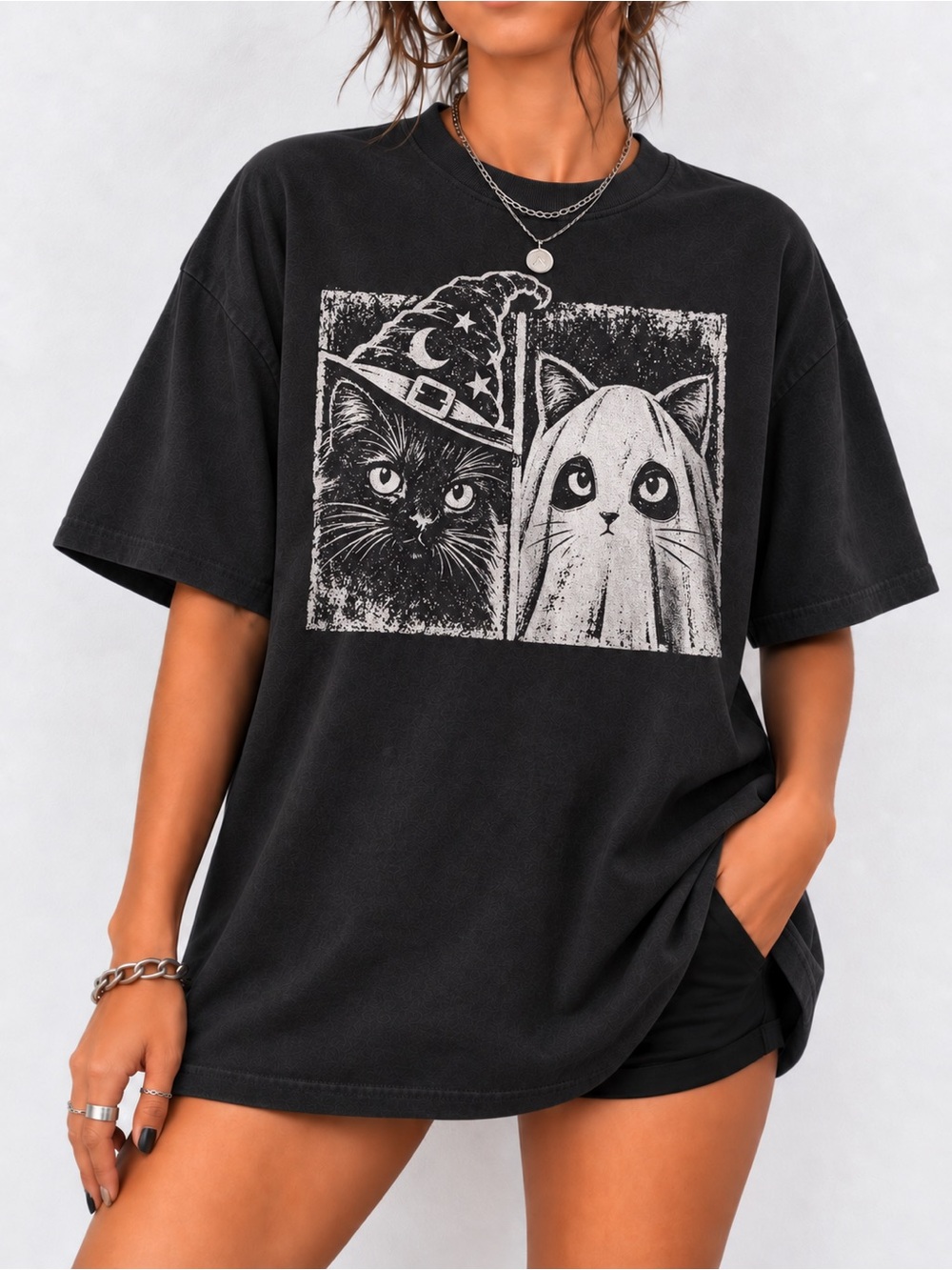 Halloween Black Cat Comfort Colors Unisex T-shirt Vintage Witch Ghost Tee